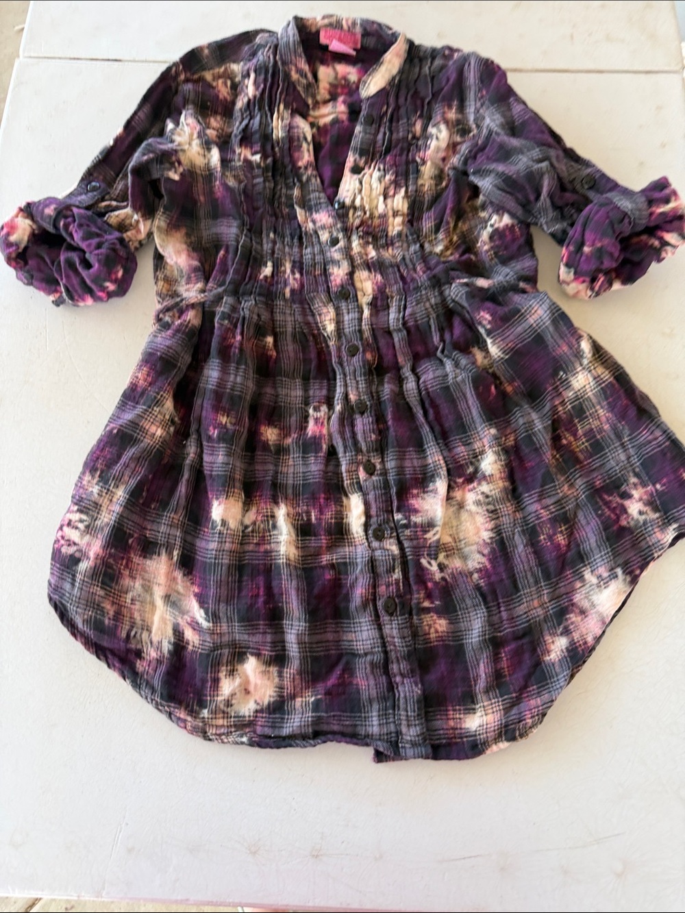 She's Cool Purple Plaid Tie-Dye Button-Down Kids Top